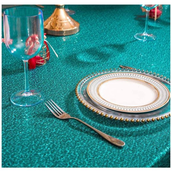 Green 72" Round Teal Sequin Tablecloth Wedding Dining Linen - New - Picture 3 of 4